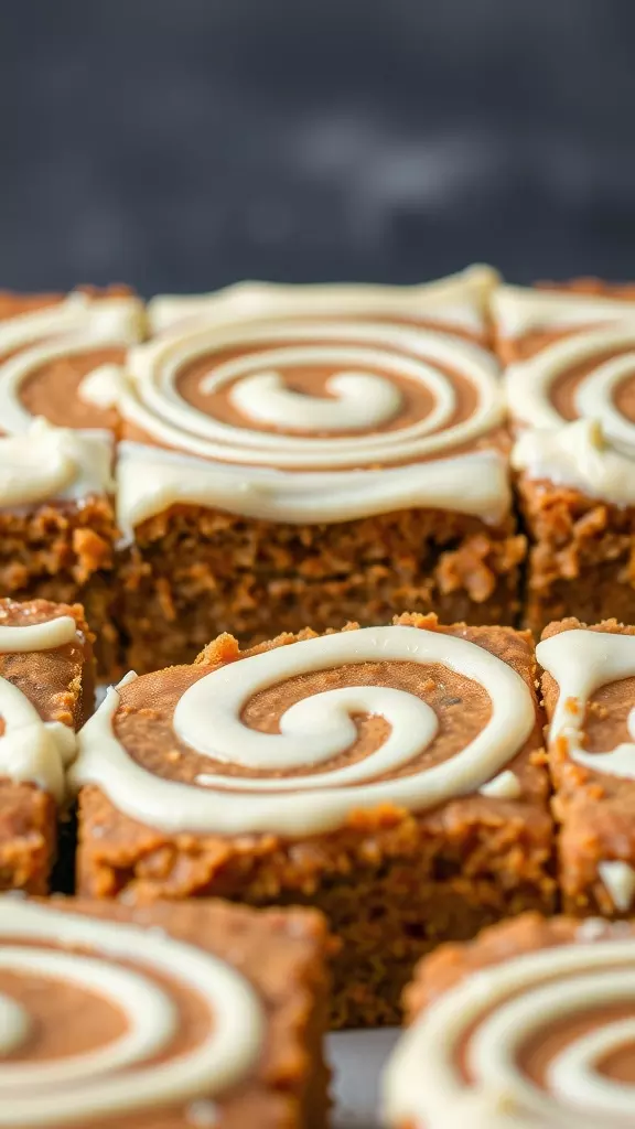 Close-up of easy carrot cake bars with cream cheese swirl