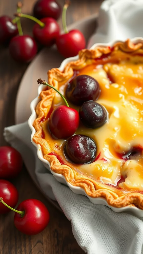 A slice of cherry clafoutis with fresh cherries on a wooden table.