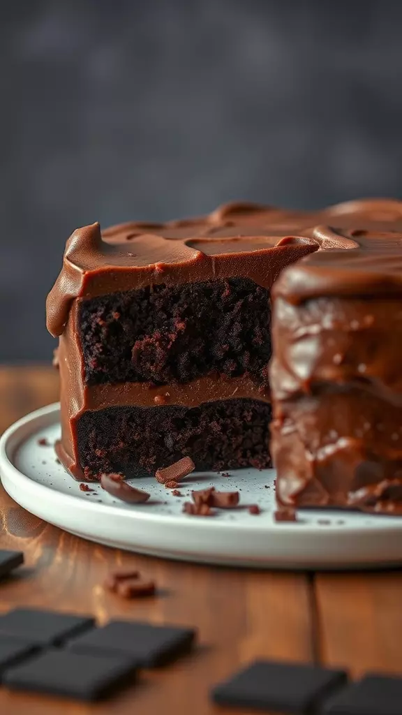 A close-up of a chocolate fudge cake, showing a slice taken out revealing its moist interior, surrounded by chocolate squares.