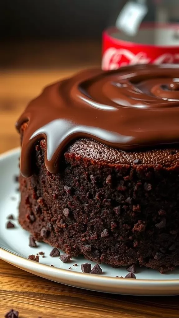 A close-up of a chocolate Coca-Cola cake topped with glossy chocolate icing.