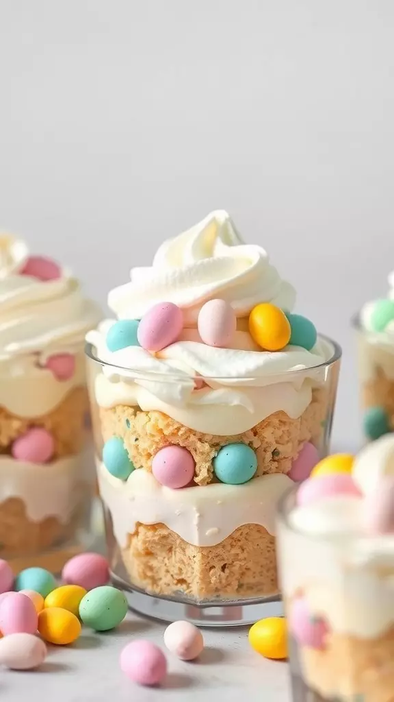 Delicious trifle parfaits with layers of cake, cream, and pastel candies