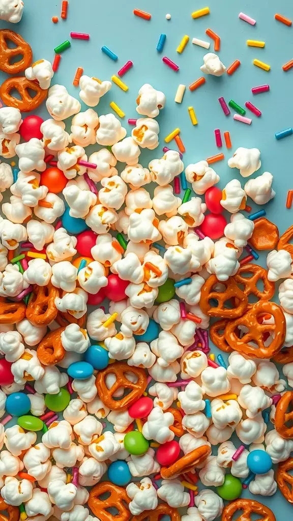 Colorful snack mix with popcorn, pretzels, and candy.