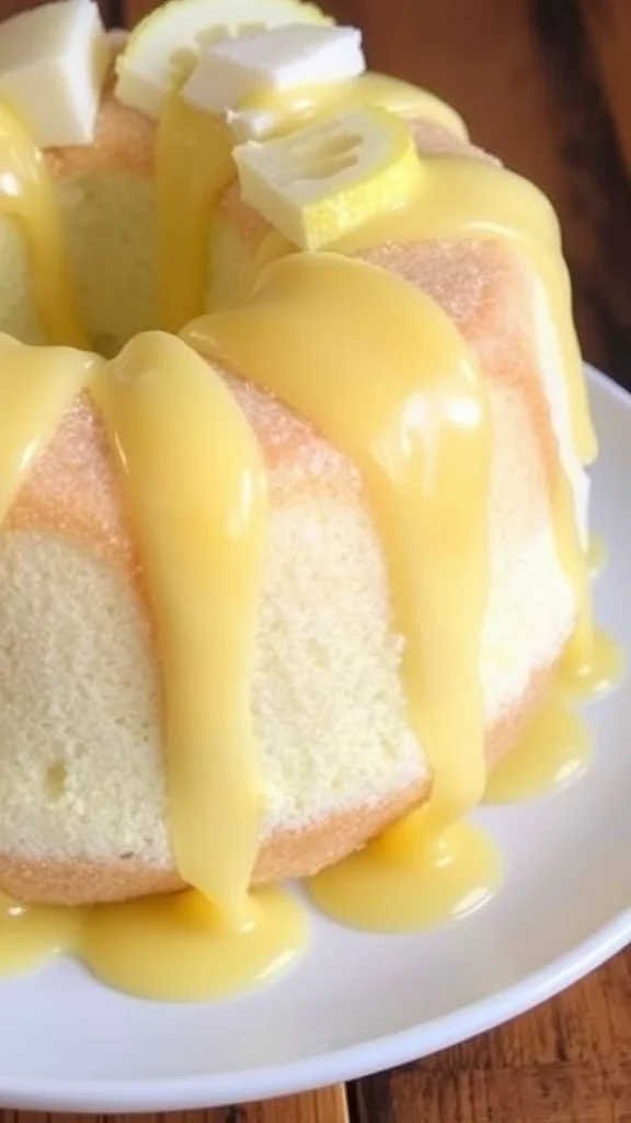 A delicious angel food cake drizzled with lemon ganache and garnished with lemon slices.