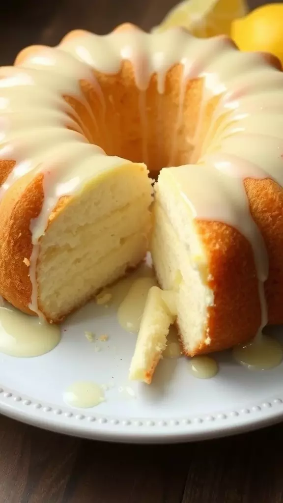 Angel food cake with lemon ganache on a white plate