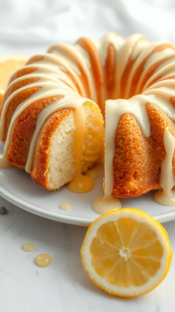 A slice of angel food cake drizzled with lemon ganache, surrounded by lemon slices.