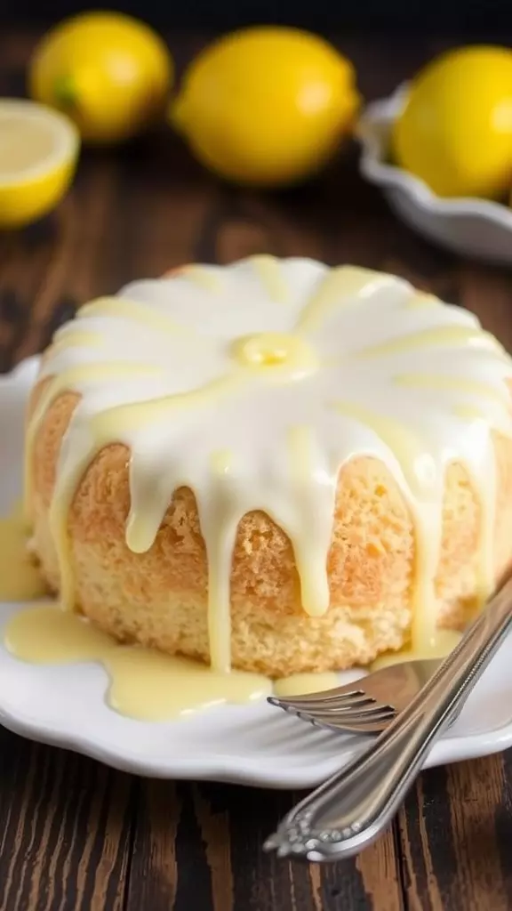 Angel food cake with lemon ganache and fresh lemons