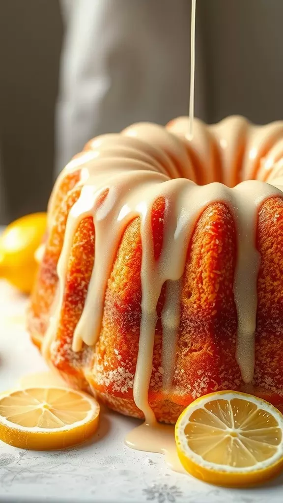 A vibrant angel food cake with lemon ganache drizzling down the sides, garnished with lemon slices.