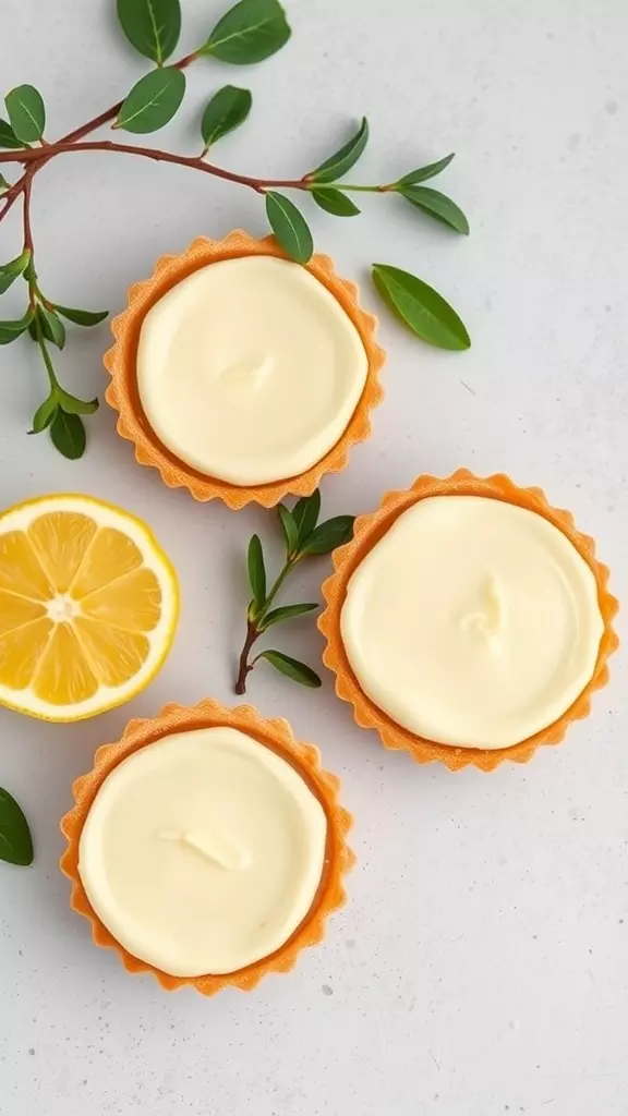 Three lemon cream cheese tarts with a slice of lemon and greenery