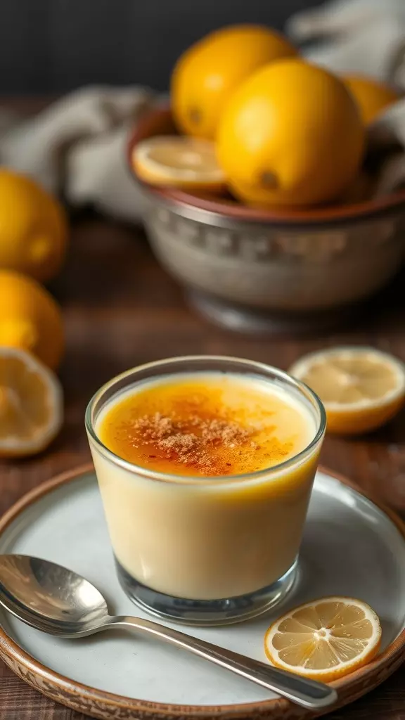 A glass of lemon posset brulee on a plate with a spoon and lemon slices nearby