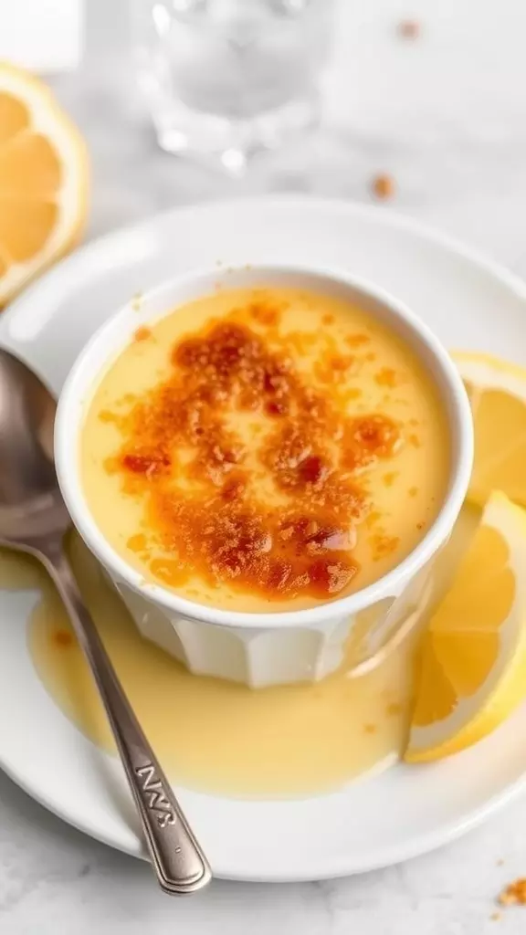 A bowl of lemon posset brulee topped with caramelized sugar, next to fresh lemon slices.