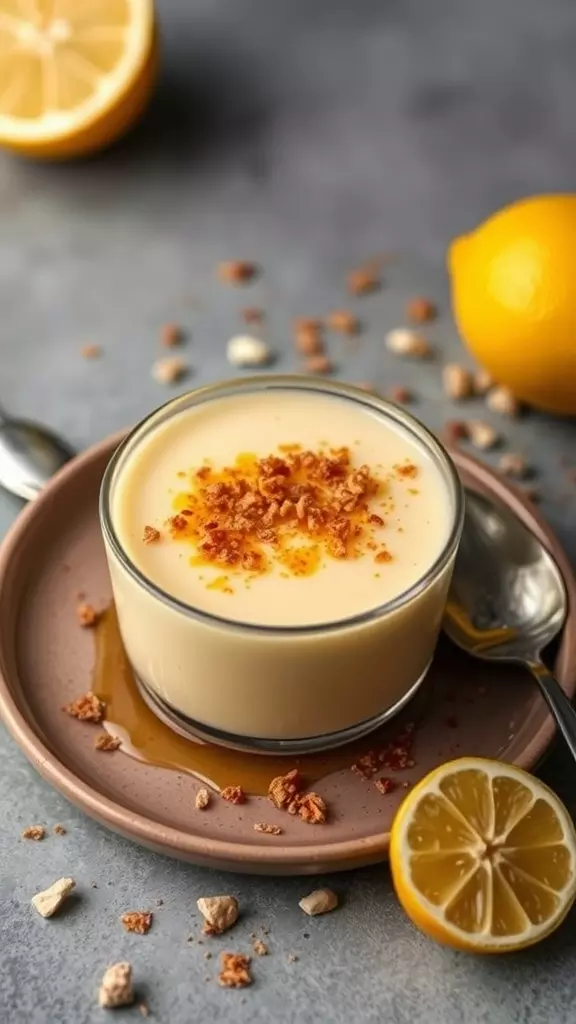 A delicious Easy Lemon Posset Brulee served in a glass, garnished with crunchy topping and surrounded by fresh lemon halves.