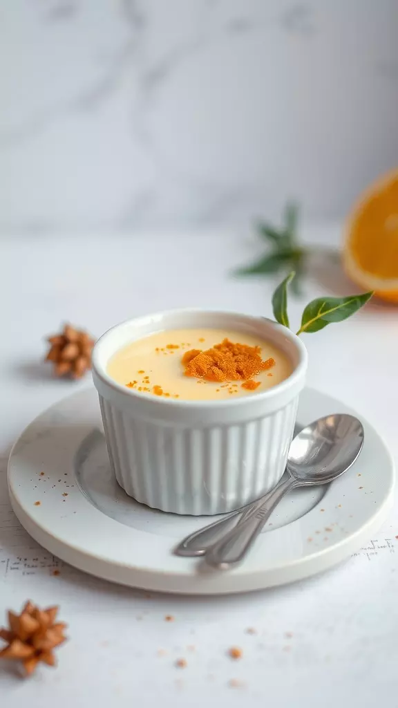 A bowl of lemon posset brulee topped with a sprinkle of spice and served with two spoons on a plate.