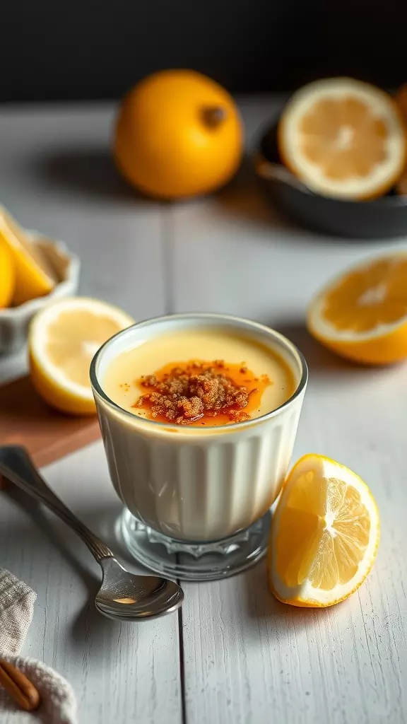 A delicious lemon posset brulee topped with caramelized sugar and surrounded by fresh lemons.