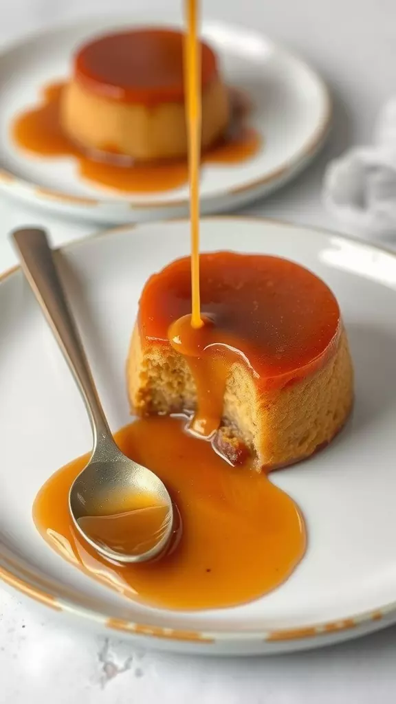 Delicious Malva pudding with caramel sauce on a plate.