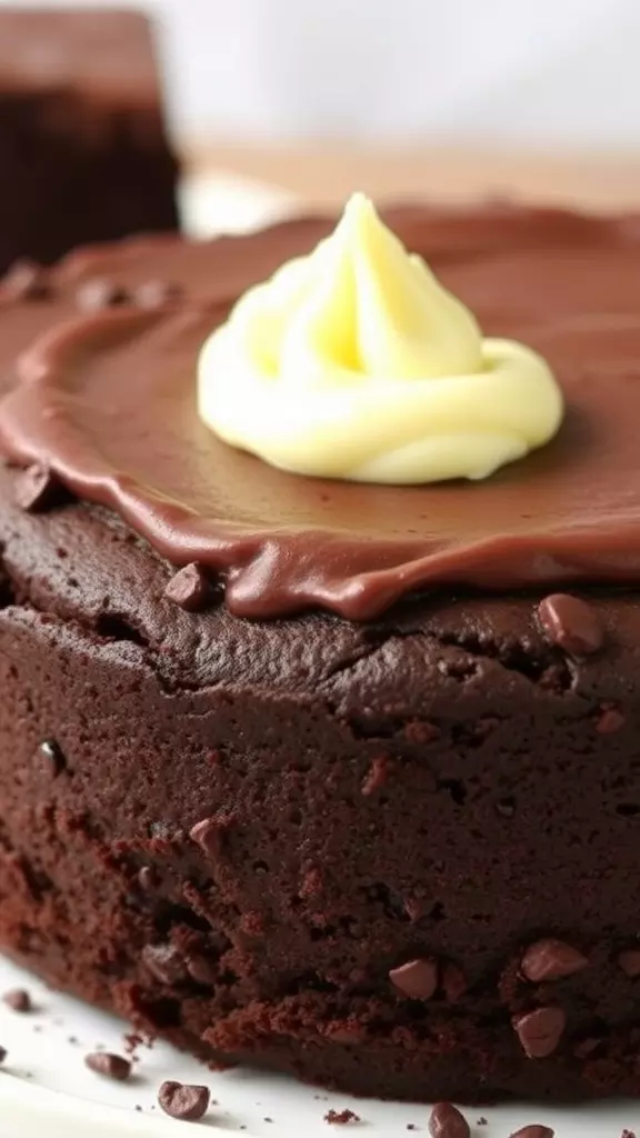 A close-up of a chocolate cake topped with yellow frosting and chocolate chips.