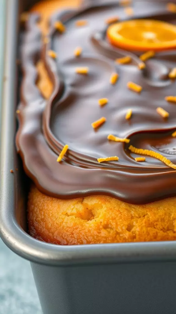 Close-up of an orange cake with chocolate frosting and orange zest on top