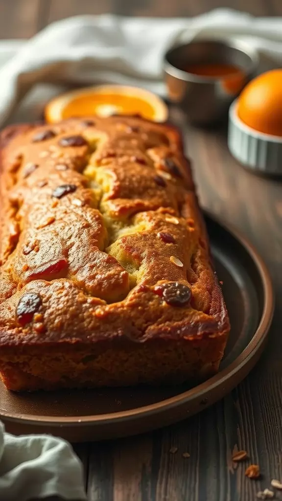 A freshly baked orange loaf cake on a plate with oranges in the background.