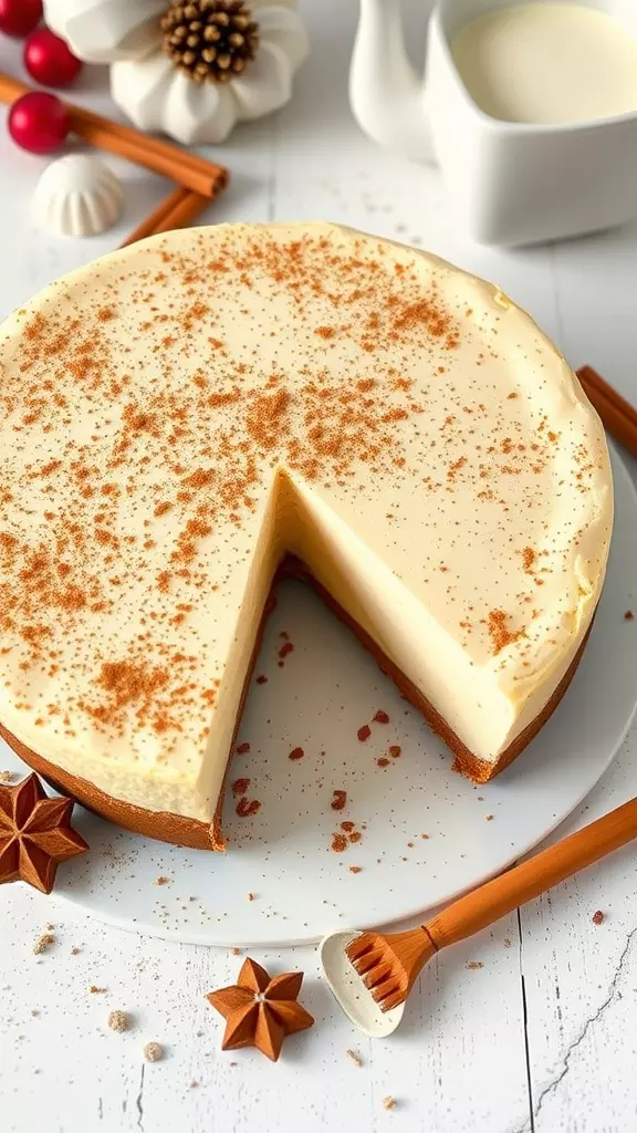 A beautiful Eggnog Cheesecake topped with a sprinkle of nutmeg, surrounded by festive decorations.