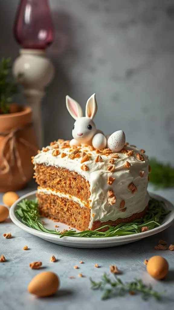 A decorated carrot cake with bunny and egg decorations on top, surrounded by eggs and greenery.