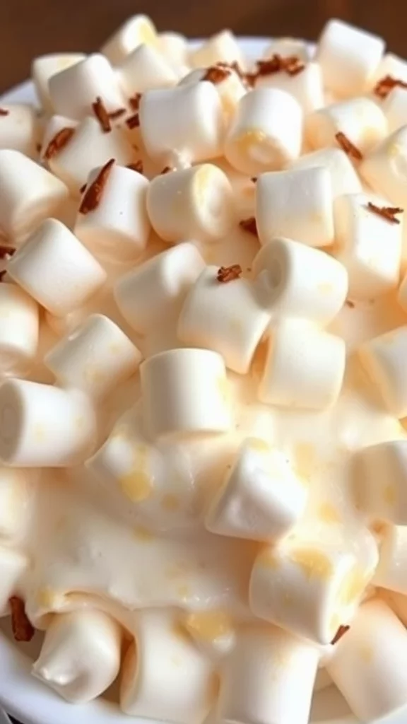 A bowl of Fireball Fluff Salad topped with marshmallows and a drizzle of caramel.