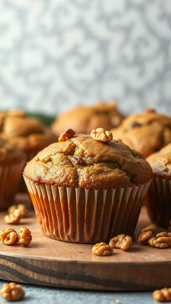 Delicious flax and walnut zucchini muffins on a wooden board.