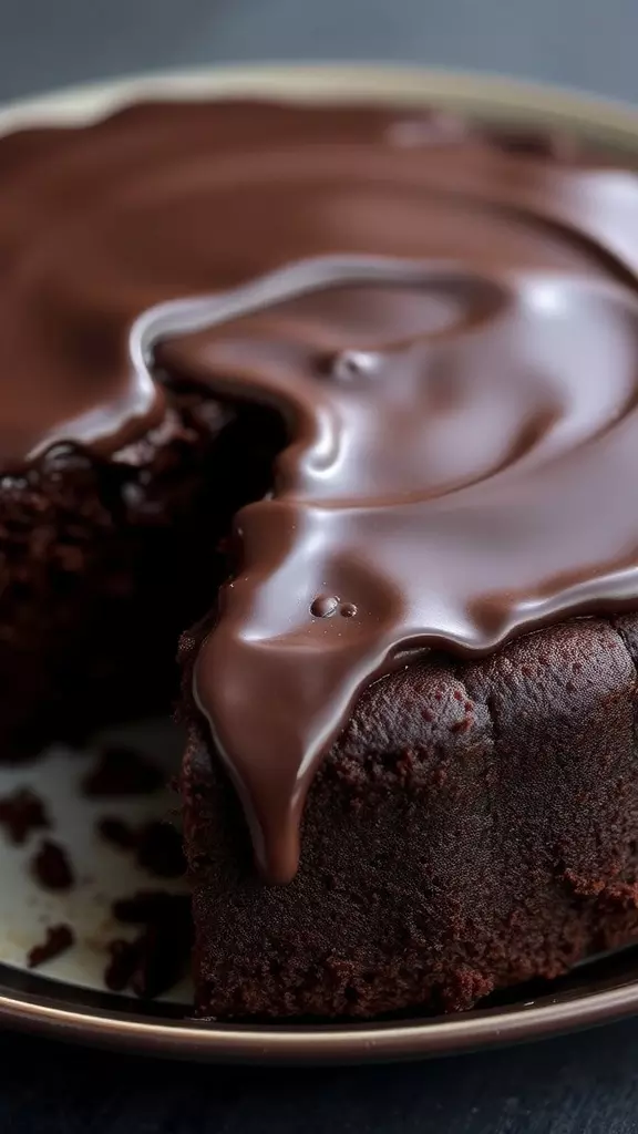 A delicious flourless chocolate cake with a glossy chocolate glaze.