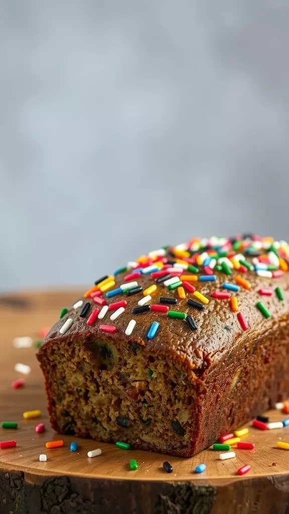 Fresh Funfetti Zucchini Bread topped with colorful sprinkles