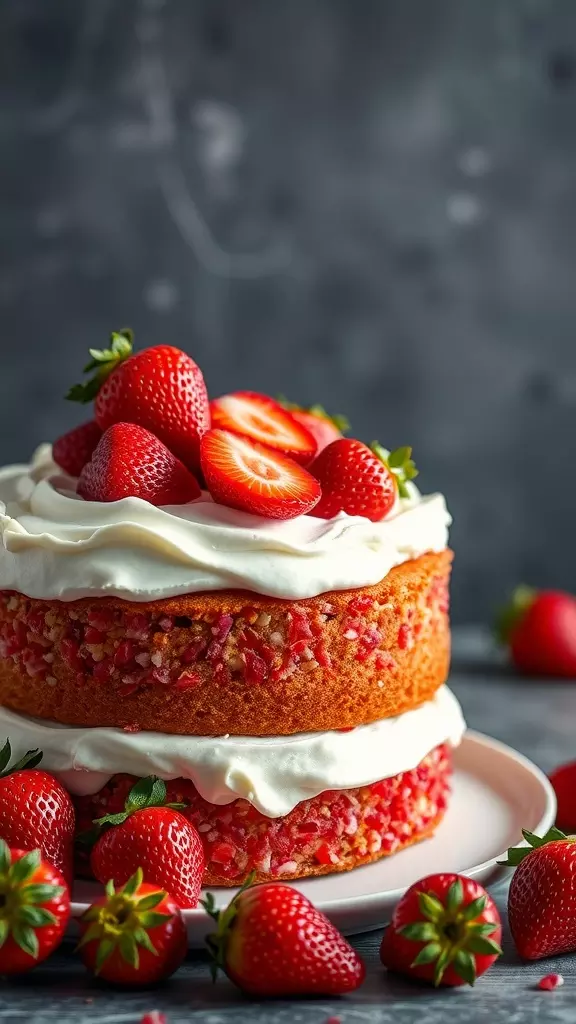 A two-layered fresh strawberry cake topped with cream cheese frosting and fresh strawberries.