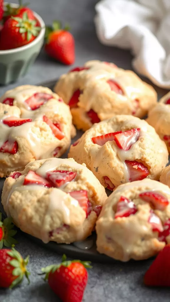 A plate of fresh strawberry scones drizzled with icing, surrounded by strawberries.