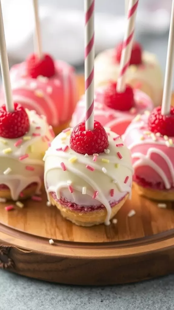 A wooden platter displaying frozen raspberry cheesecake pops decorated with sprinkles and fresh raspberries