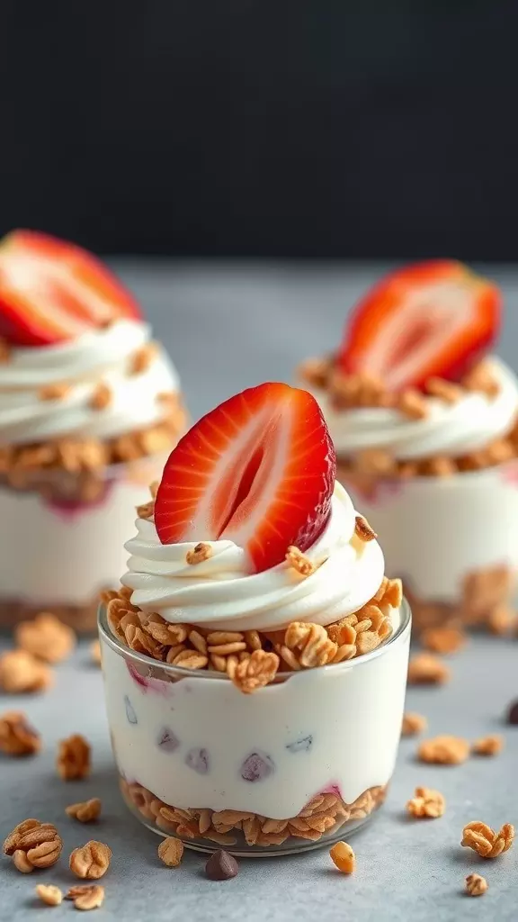 Delicious frozen yogurt granola bites topped with a fresh strawberry