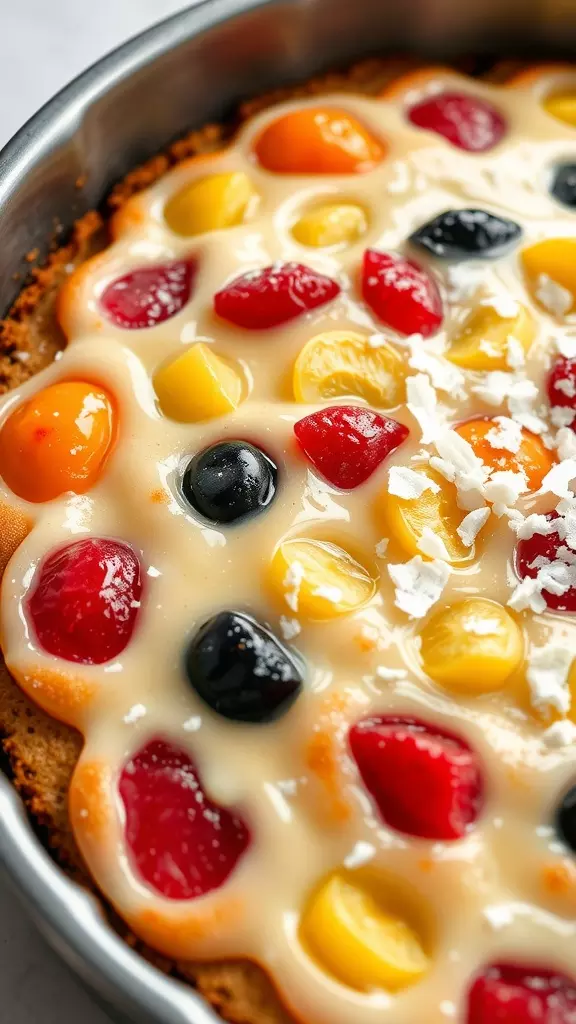 A close-up of a fruit cocktail cake topped with colorful fruit pieces and creamy glaze.