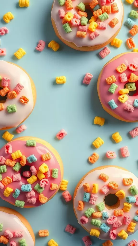 Colorful donuts topped with Fruity Pebbles cereal on a blue background.