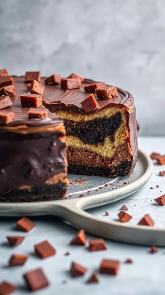 A delicious slice of fudge brownie no-bake cheesecake topped with chocolate pieces.