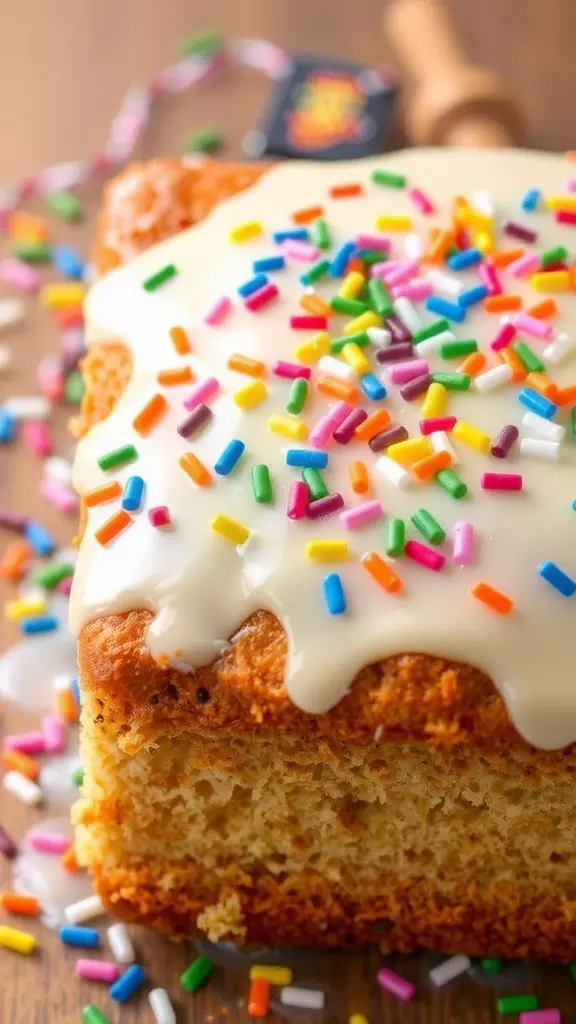 A slice of funfetti pound cake topped with colorful sprinkles and icing.