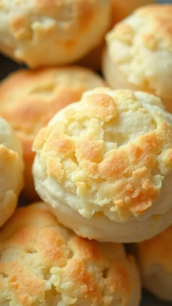 Golden brown buttermilk biscuits stacked together