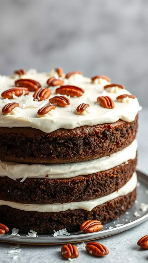 German Chocolate Cake with layers and frosting topped with pecans.