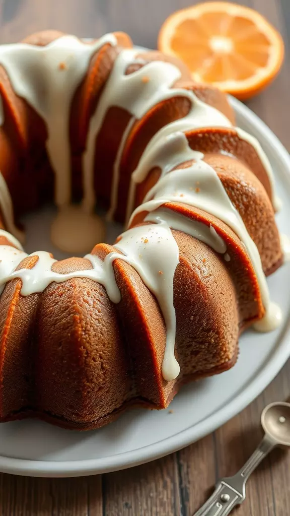 A beautifully baked gingerbread bundt cake topped with orange cream cheese icing, placed on a white plate with a slice of orange beside it.