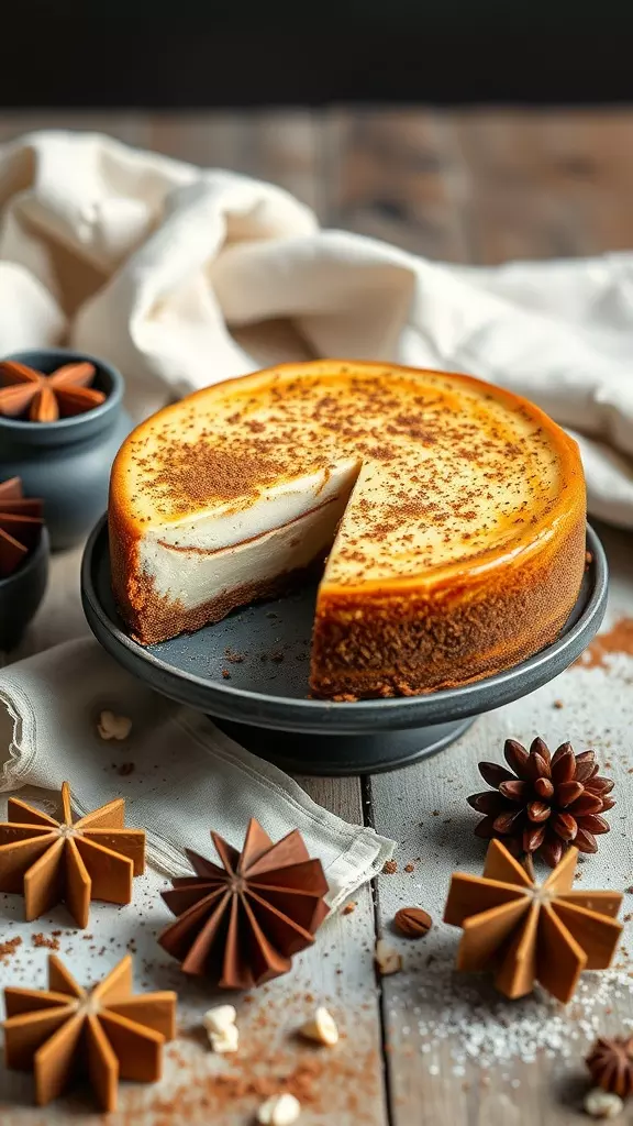 A beautifully decorated gingerbread cheesecake with a slice taken out, surrounded by decorative gingerbread stars and spices