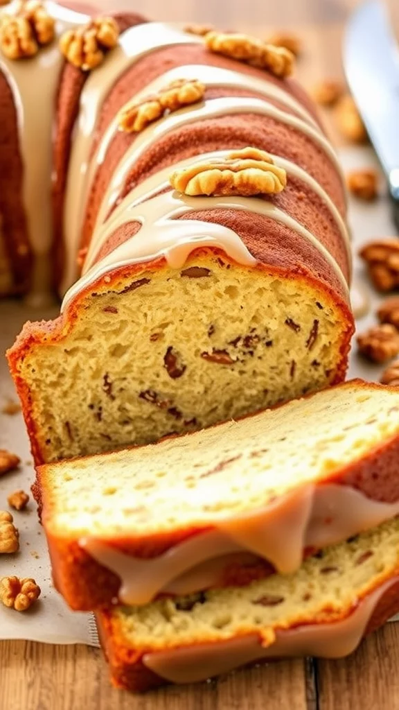 A delicious gingerbread walnut rum cake with a slice cut out and walnuts on top.