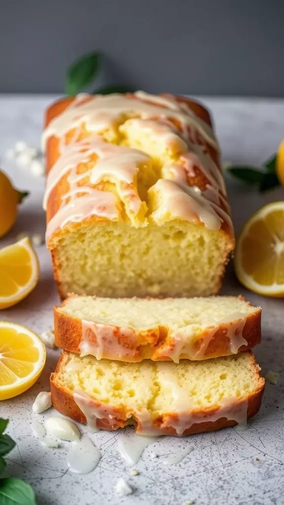 A beautifully baked glazed lemon loaf with slices cut, surrounded by fresh lemon halves.