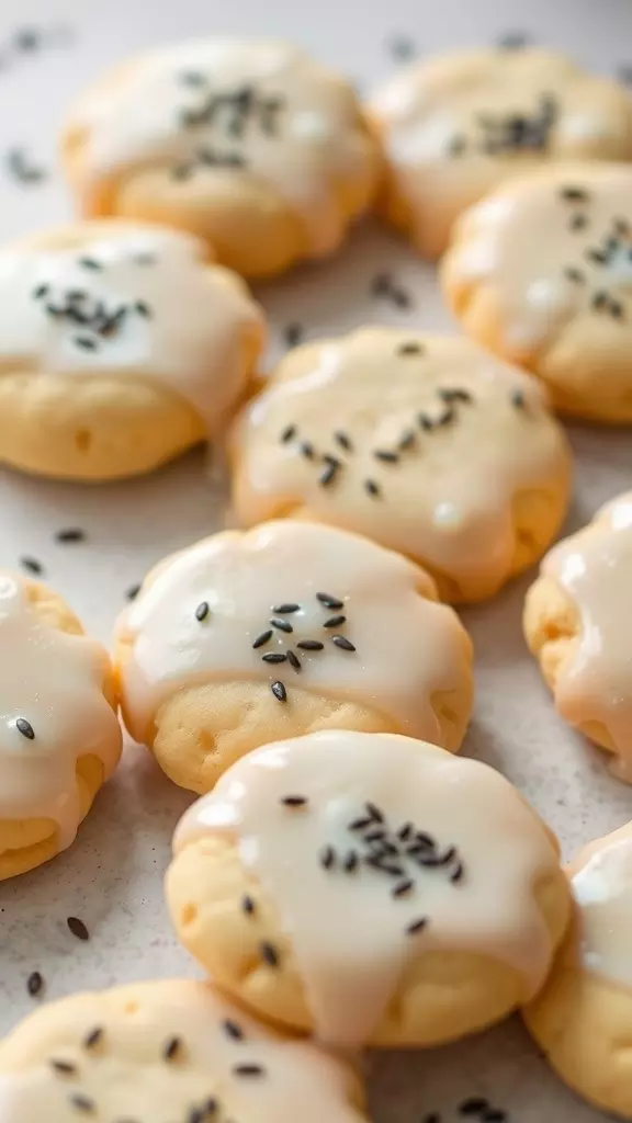 A close-up of glazed lemon poppy seed cookies on a surface.