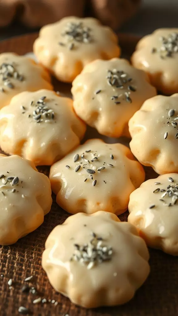 Glazed lemon poppy seed cookies on a platter, decorated with poppy seeds.