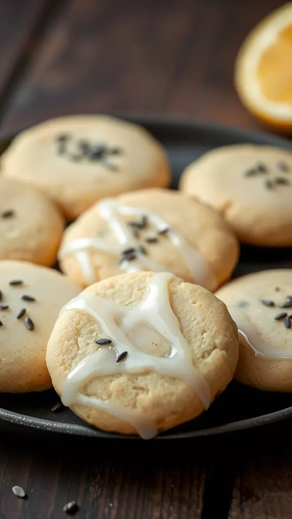 Glazed lemon poppy seed cookies on a plate