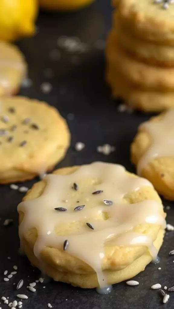 Glazed lemon poppy seed cookies with a sweet glaze and poppy seeds on top.