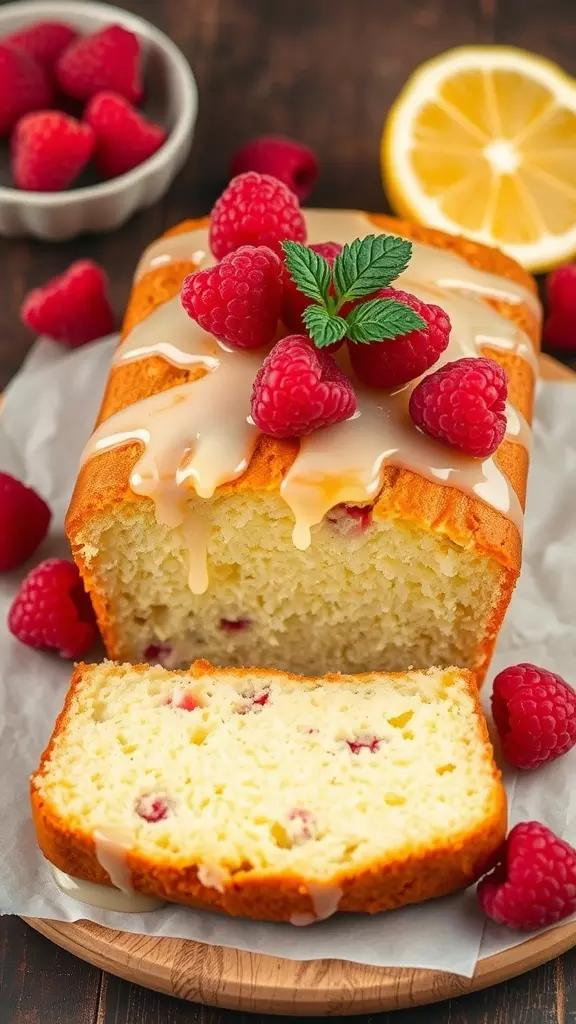 A freshly baked glazed raspberry lemon loaf topped with fresh raspberries and mint leaves.