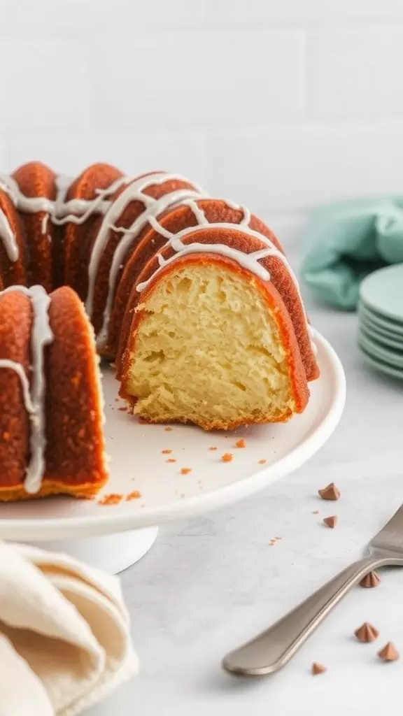 Gluten-free bundt cake on a serving plate with a slice taken out