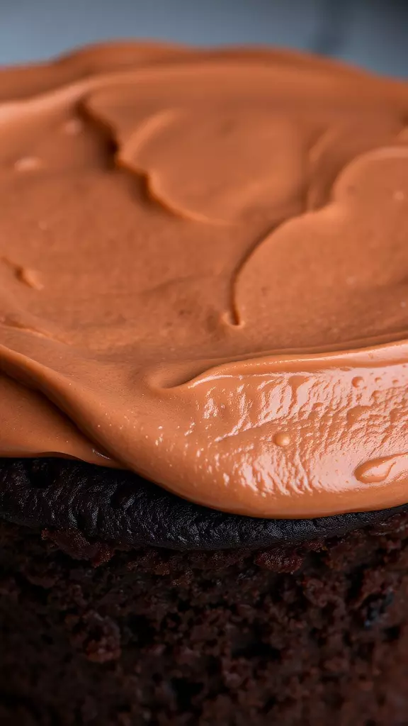 Close-up of a gluten-free chocolate cake with chocolate frosting.