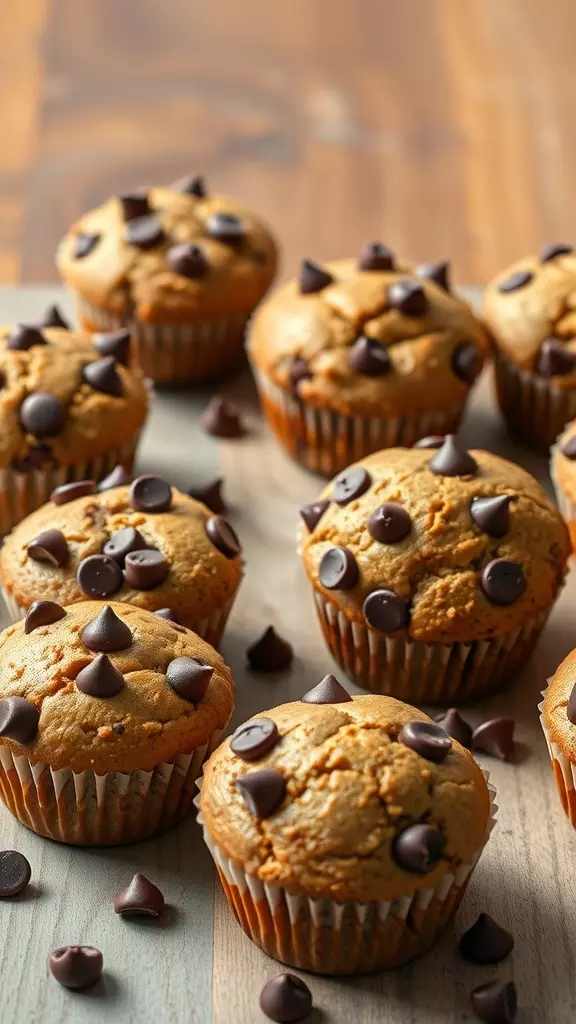 A close-up of gluten-free chocolate chip zucchini muffins topped with chocolate chips.