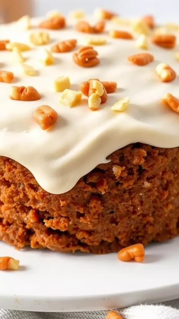 A delicious gluten-free dairy-free carrot cake topped with creamy frosting and nuts.